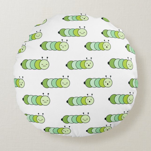 Coussins Ronds Chenilles Vertes Mignonnes et Diverses Expressions (Devant)
