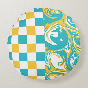 Coussins Ronds Chèques et permules en Turquoise, Jaune et Blanc