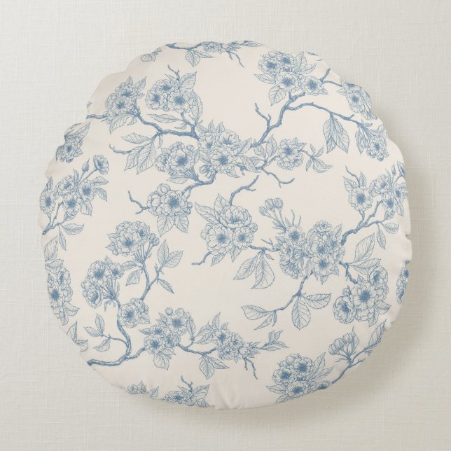 Coussins Ronds Chery blossom branches in blue and off white (Devant)