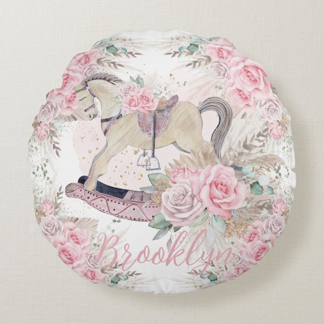 Coussins Ronds Cheval à bascule floral rose Herbe des Pampas Bohè (Devant)