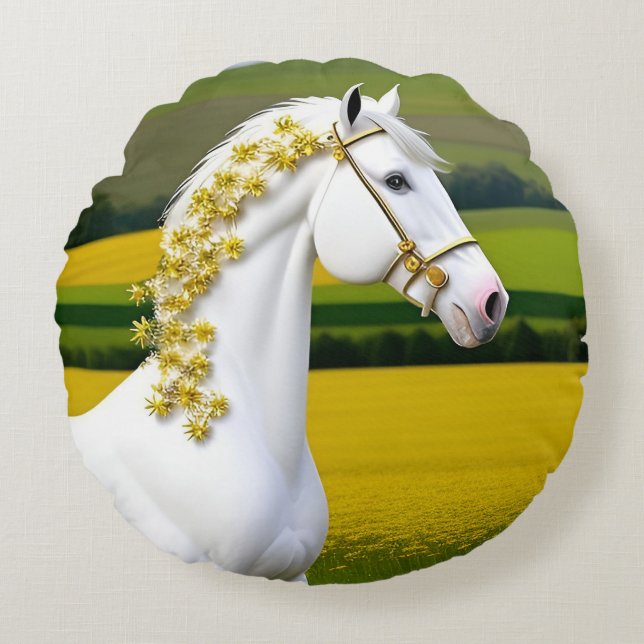 Coussins Ronds Cheval blanc avec guirlande florale (Devant)