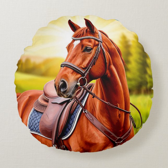 Coussins Ronds Cheval châtaigne élégant avec selle (Devant)