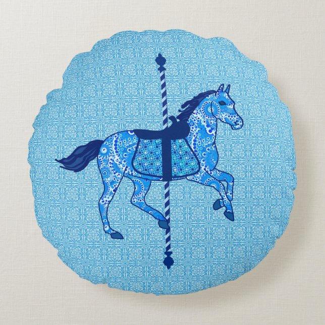 Coussins Ronds Cheval de carrousel - Cobalt et Sky Blue (Devant)