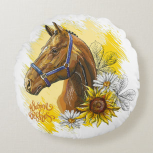 Coussins Ronds Cheval de dessin à la main avec plantes et fleurs