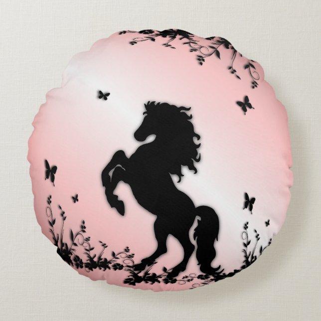 Coussins Ronds Cheval noir cabré rose (Devant)