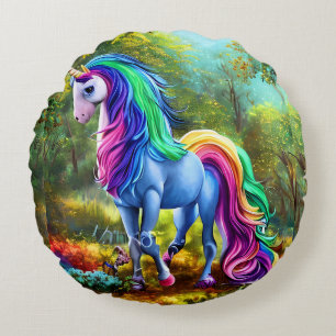 Coussins Ronds Cheval Unicorne coloré dans la forêt-46567
