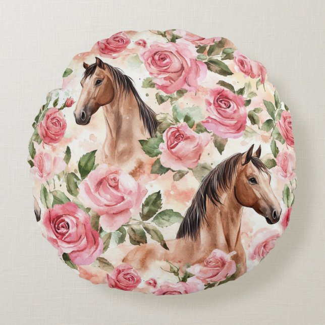 Coussins Ronds Chevaux Jolies Roses Roses Rose Floral (Devant)