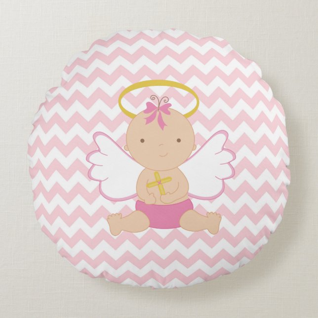 Coussins Ronds Chevron rose avec l'ange de bébé (Devant)