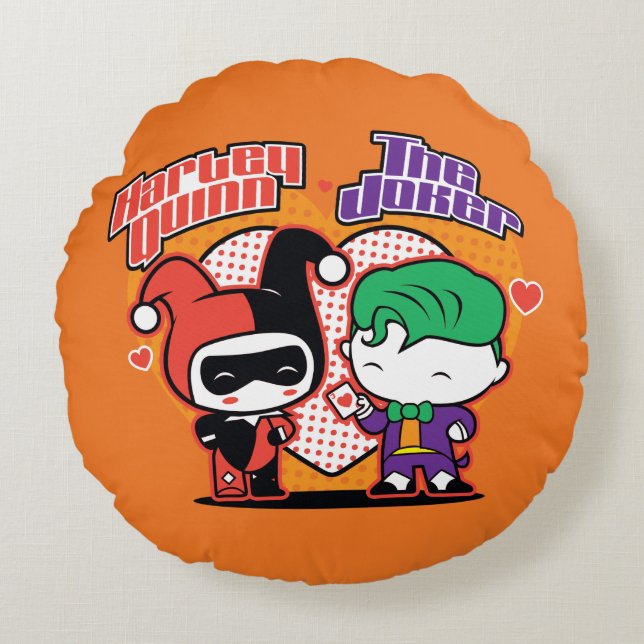 Coussins Ronds Chibi Harley Quinn & Chibi Joker Coeurs (Devant)