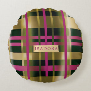 Coussins Ronds Chic et élégant Fuchsia Green Plaid Personnalisé