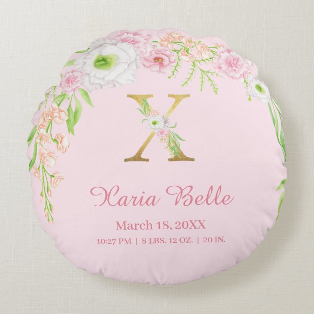 Coussins Ronds Chic Pink Gold Monogram "X" Baby Girl Stats (Devant)