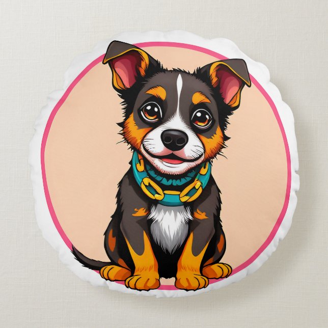 Coussins Ronds Chien animé mignon avec collier (Devant)