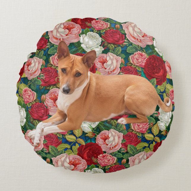 Coussins Ronds Chien Basenji et roses  (Devant)