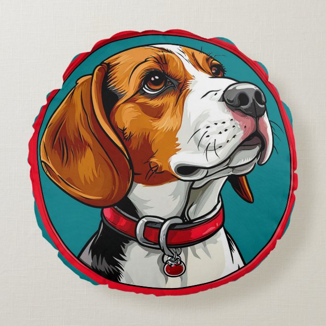 Coussins Ronds Chien Beagle avec un Collier Rouge (Devant)