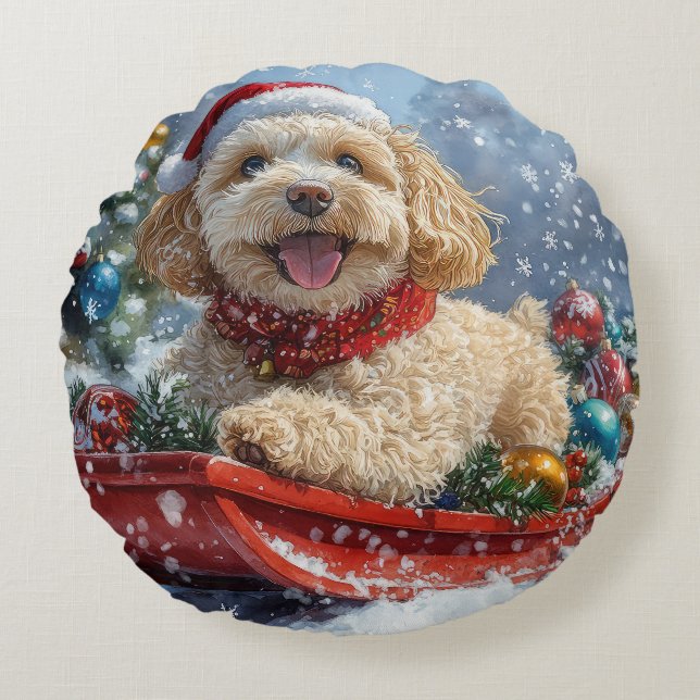 Coussins Ronds Chien Cockapoo dans un traîneau Laissez neige Noël (Devant)