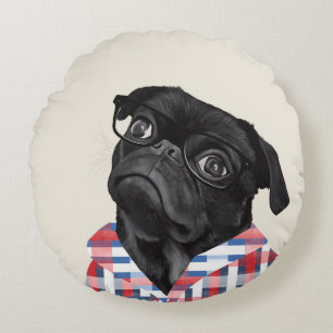 Coussins Ronds Chien De Carlin Noir Avec Lunettes Et Chemise