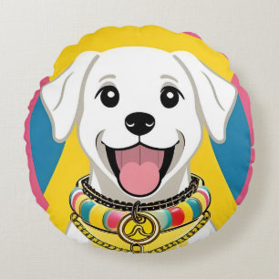 Coussins Ronds Chien de dessin animé heureux avec un collier colo