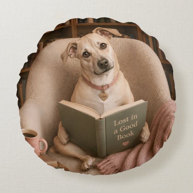 Coussins Ronds Chien de lecture mignon Illustration de bibliothèq (Devant)