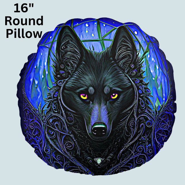 Coussins Ronds Chien de loup noir sur bleu (Créateur téléchargé)