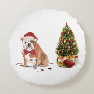 Coussins Ronds Chien de Noël drôle avec arbre