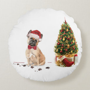 Coussins Ronds Chien de Noël Funny avec arbre