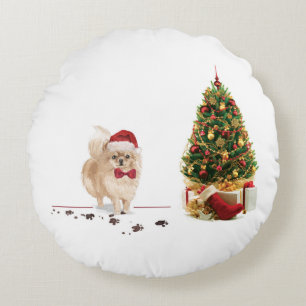 Coussins Ronds Chien de Noël poméranien drôle avec arbre