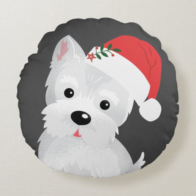 Coussins Ronds Chien de West Highland Santa Hat Holly Berries (Devant)