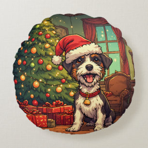 Coussins Ronds Chien débraillé chapeau de Père Noël Arbre de Noël