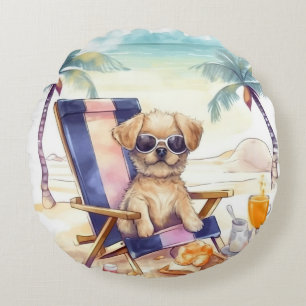 COUSSINS RONDS CHIEN D'ÉTÉ À L'AQUARELLE ADORABLE SUR LA PLAGE