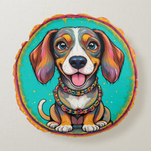 Coussins Ronds Chien heureux avec un collier coloré