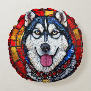 Coussins Ronds Chien Husky avec design rouge et bleu vibrant