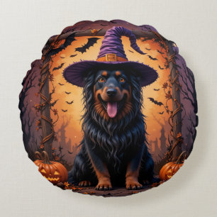 Coussins Ronds Chien mignon avec chapeau de sorcière entouré de c