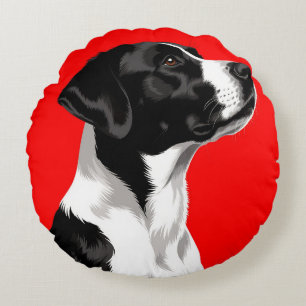 Coussins Ronds Chien noir et blanc sur fond rouge audacieux