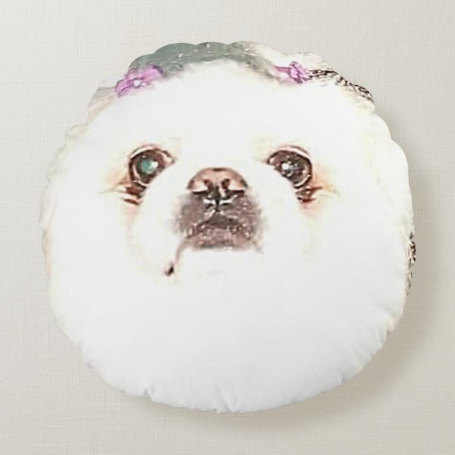 Coussins Ronds Chien pekingese blanc mignon ou changez en chien (Devant)