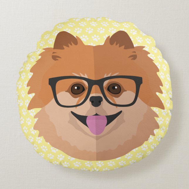 Coussins Ronds Chien Poméranien En Verres Nerd | Cadeau Hipster m (Devant)