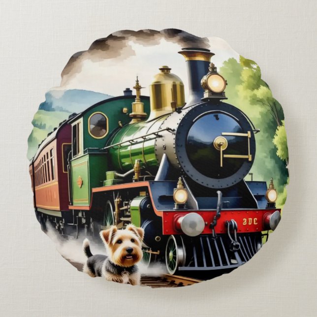 Coussins Ronds Chien saluant un train à vapeur (Devant)