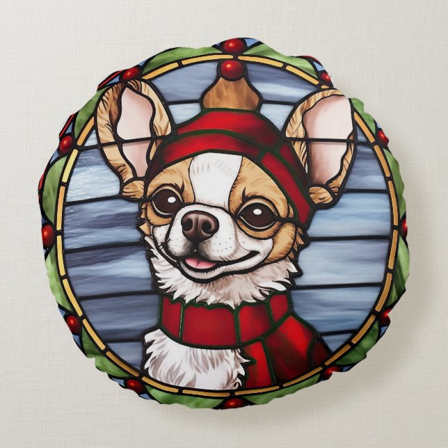 Coussins Ronds Chihuahua Vitrages de Noël (Dos)