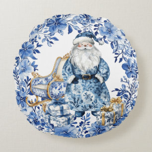 Coussins Ronds Chinoiserie bleu blanc floral Noël Père Noël