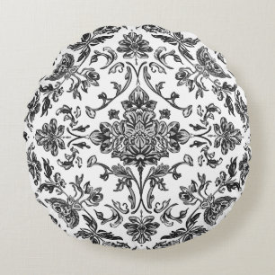 Coussins Ronds Chinoiserie Florale Aquarelle Noir & Blanc