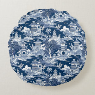 Coussins Ronds Chinoiserie Paysage Peinture Bleu Blanc