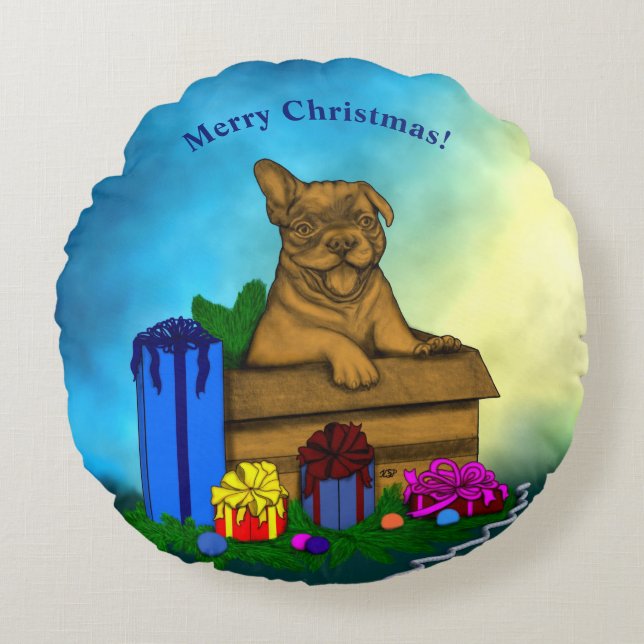 Coussins Ronds Chiot dans une boîte, Joyeux Noël (Devant)