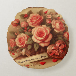 Coussins Ronds Chocolats et fleurs de la Saint-Valentin vintage