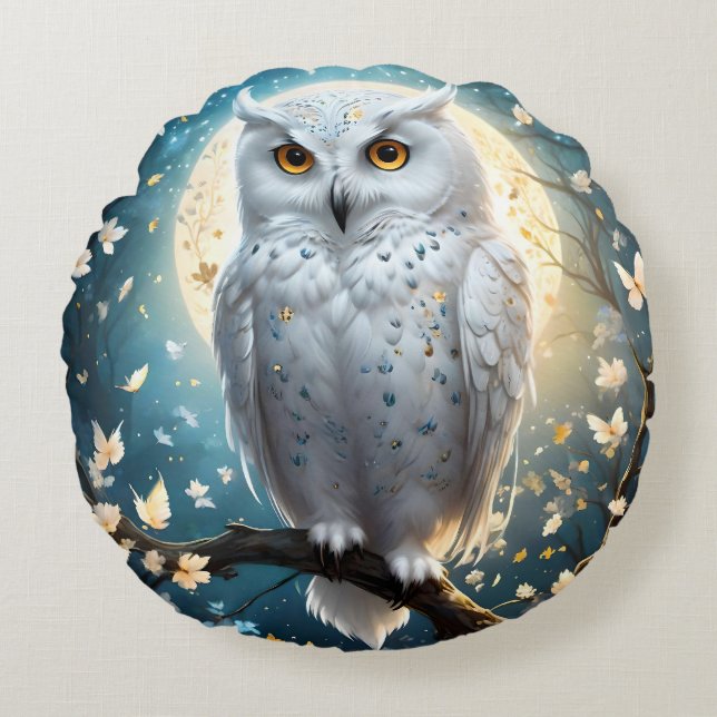 Coussins Ronds Chouette À Neige Et Lune Avec Étincelle, (Devant)