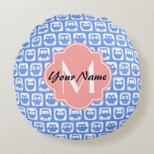 Coussins Ronds Chouette bleue Motif Corail Monogramme Nom personn