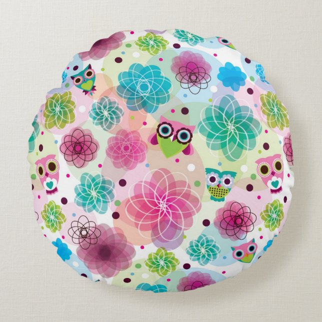 Coussins Ronds Chouette fleur mignonne arrière - plan motif (Devant)