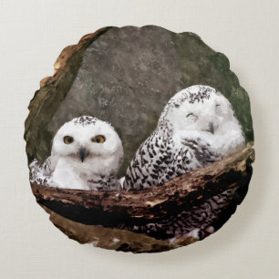 Coussins Ronds Chouette Harfang Couple Art Bois Faune