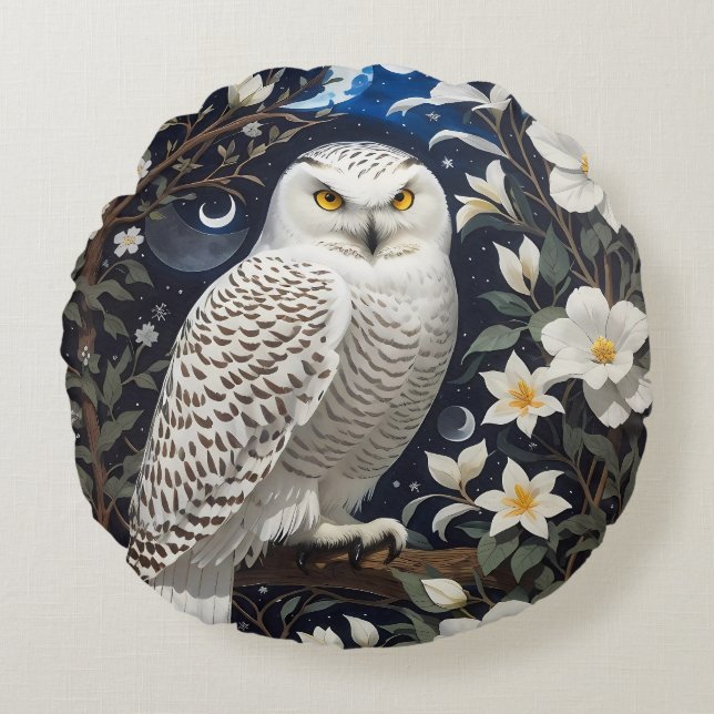 Coussins Ronds Chouette neigeuse Moonlight Moonflowers (Devant)