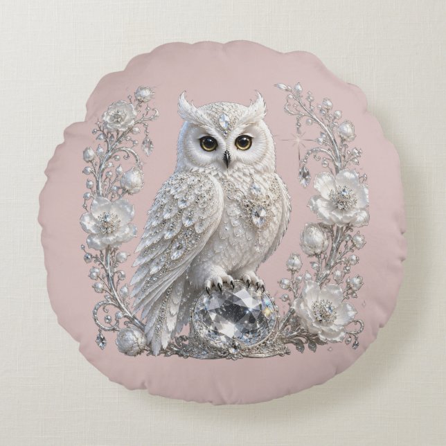 Coussins Ronds Chouette Perle de Cristal Blanc (Devant)