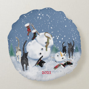 Coussins Ronds Christmas Cats et Snowman 2 sided Round pillow