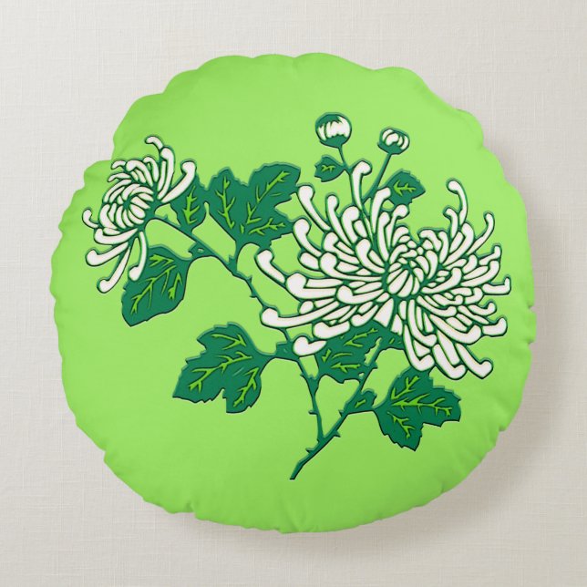 Coussins Ronds Chrysanthèmes d'araignée chinois - blanc crémeux (Devant)